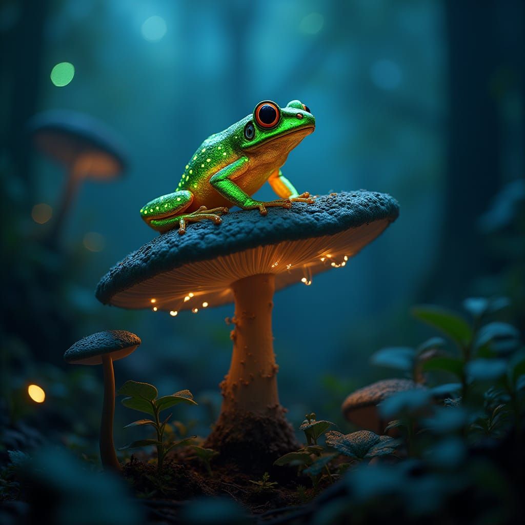 A bioluminescent frog with intricate patterns glowing softly on its skin, perched on a giant mushroom in a misty rainforest.