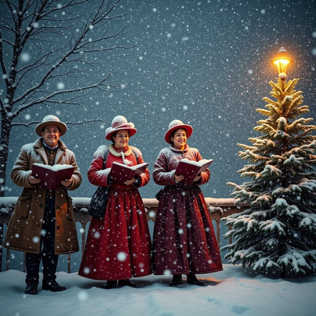 <lora:Snowfall Engine V1:1.0>Christmas carolers in traditional Victorian winter costumes in heavy snowfall