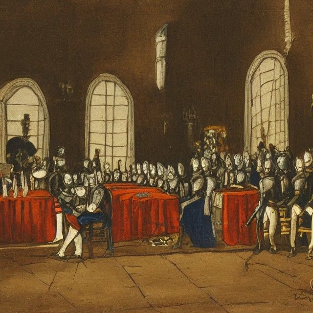 Cat knight at a meeting inside a castle
