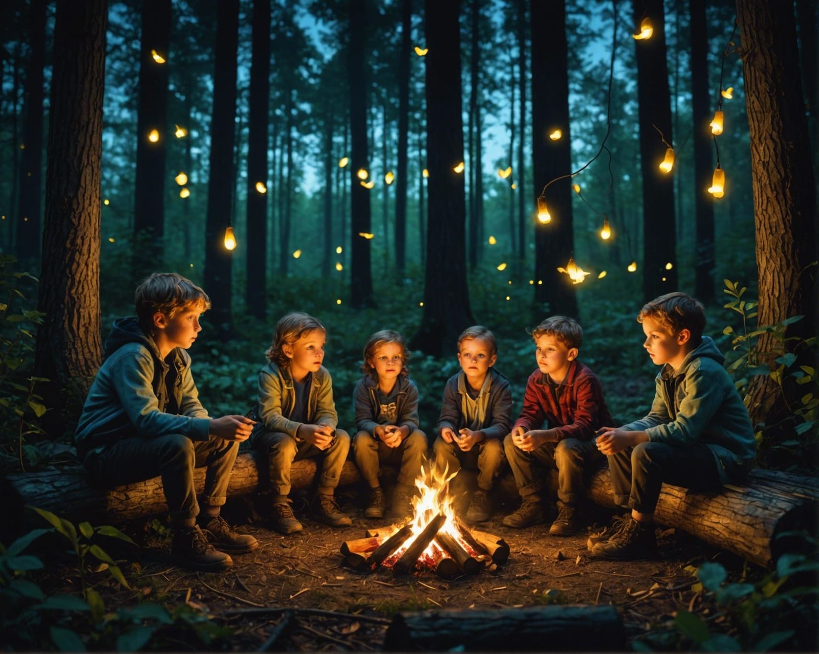 Maximalism of Fireflies surrounded a group of children at night around ...