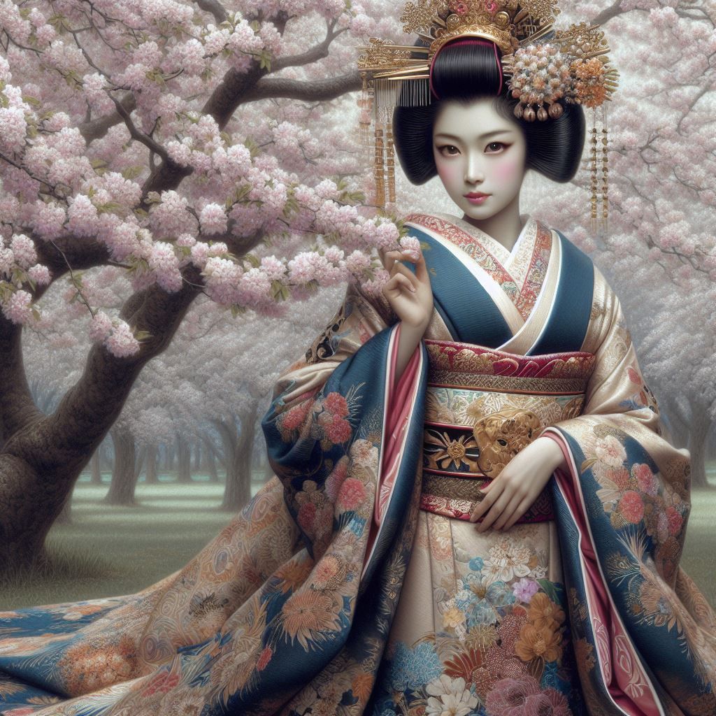 A Japanese noble lady in the spring garden