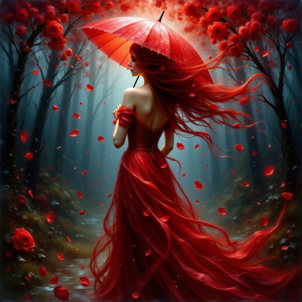 Victorian Woman in Red Silk Amidst Misty Garden