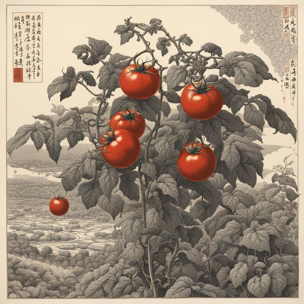 botanical picture of a whole tomato plant, full view, pen and ink, intricate line drawings, by craig ...  by @undefined