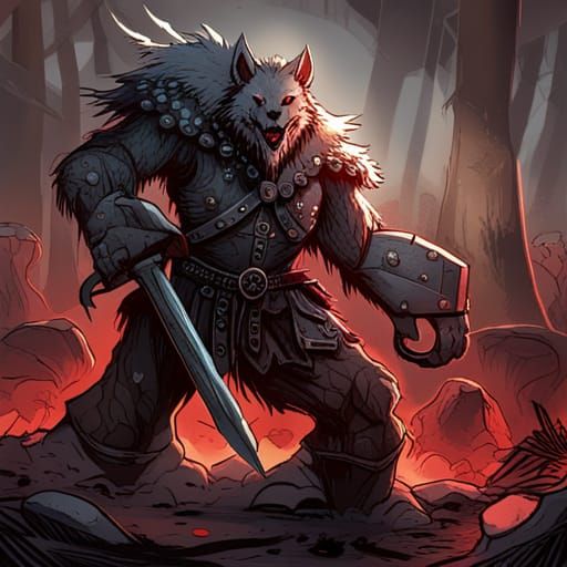 Gothic Werewolf Warrior in Dark Mushroom Forest