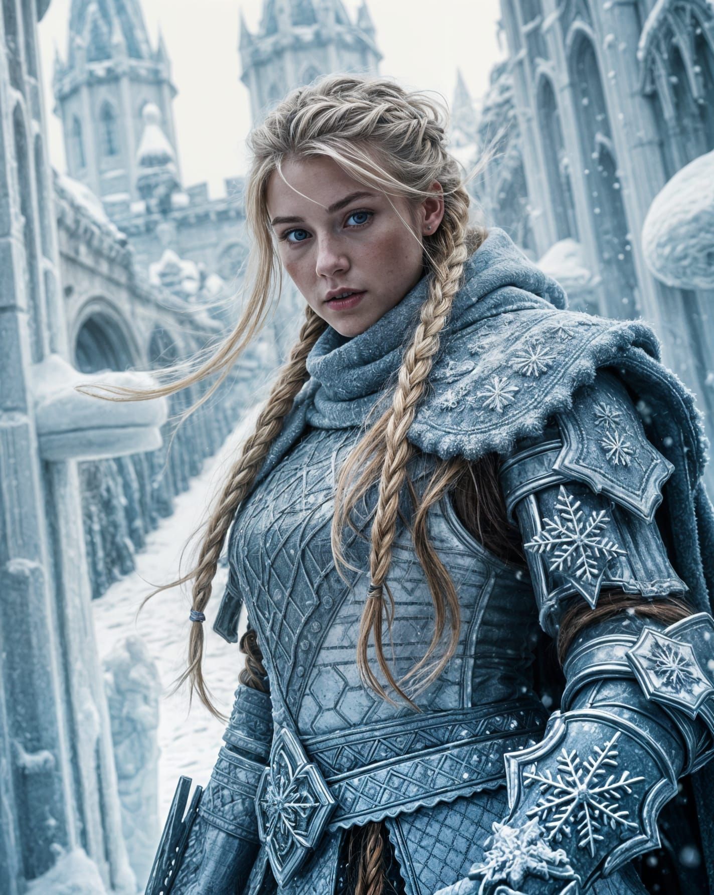 Cinematic portrait a female knight with long blonde hair in front of an ice castle in freezing cold weather  by @Fokje
