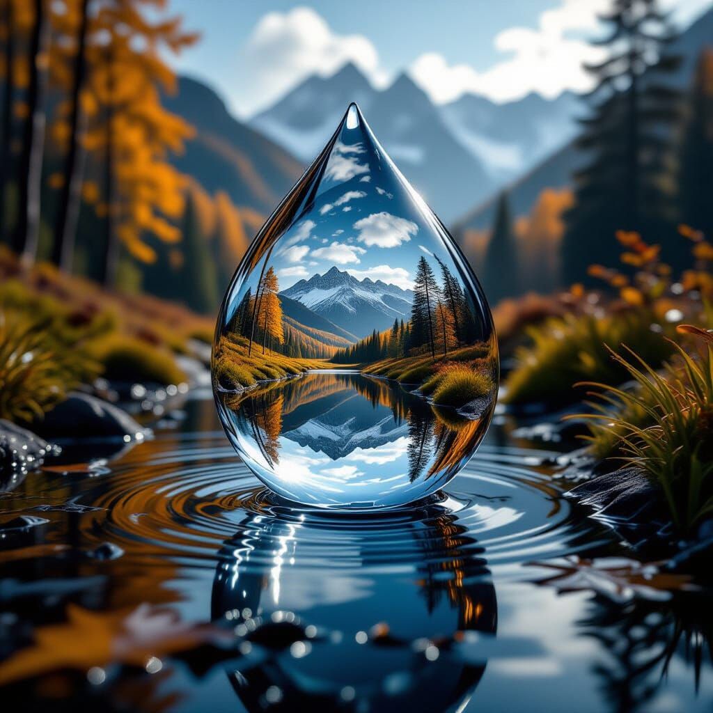 Autumn landscape in a giant drop of water  by @AI Art Fan