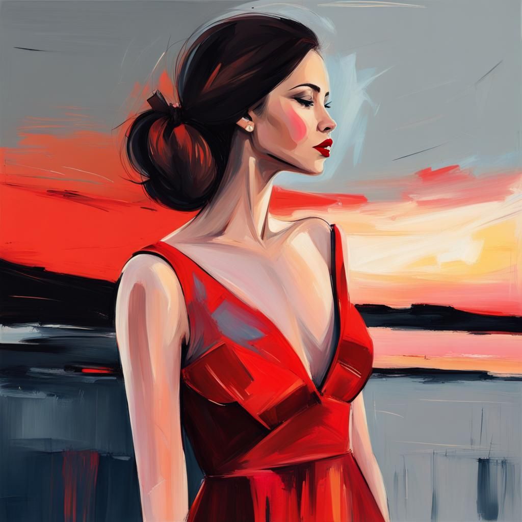 standing-in-a-nice-dress-staring-at-the-sunset-babe-red-lips-and