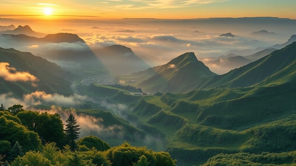 a view of a valley from up high but the further into the distance the more obvious fractal like the landscape becomes.  dawn, hyper color, v...