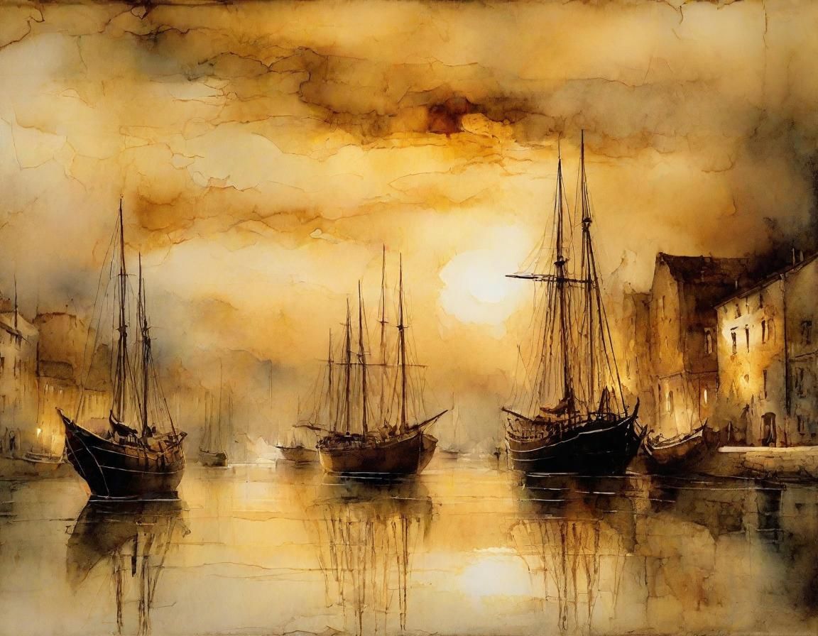 The Fading Harbor of Time"
A vintage European harbor bathed in the golden glow of dusk. Ancient ships—galleons ...  by @Exo1124