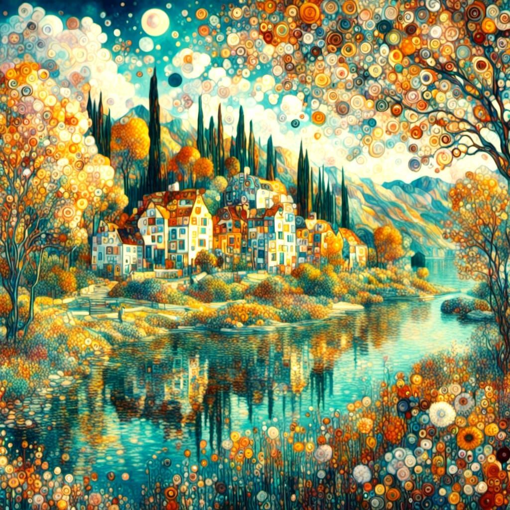 <lora:GustavKlimt1XL:1.3> village lake trees flowers colorful 