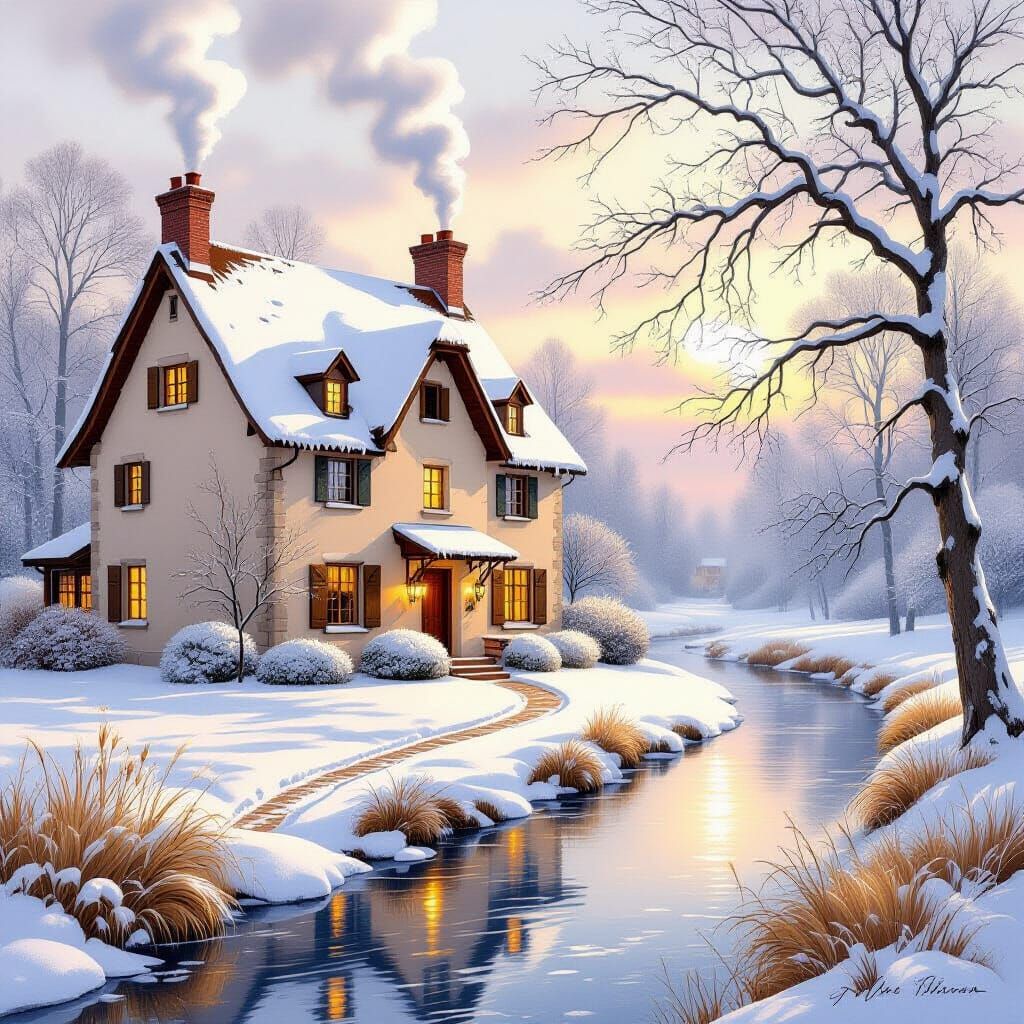 A highly detailed, realistic yet painterly winter scene.
A cozy, old countryside house with two stories ...  by @יהודה שטרסר