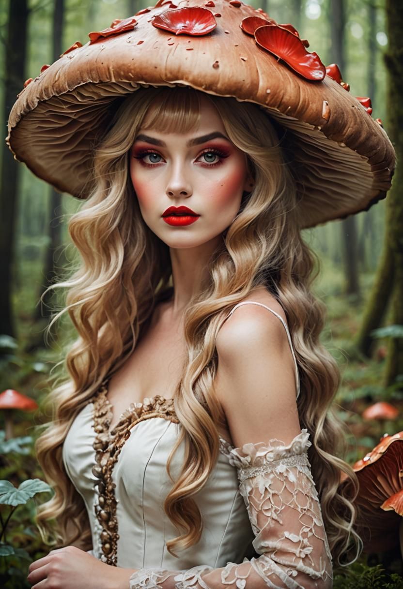 Beautiful woman with a very big mushroom  hat ,enchanted for...