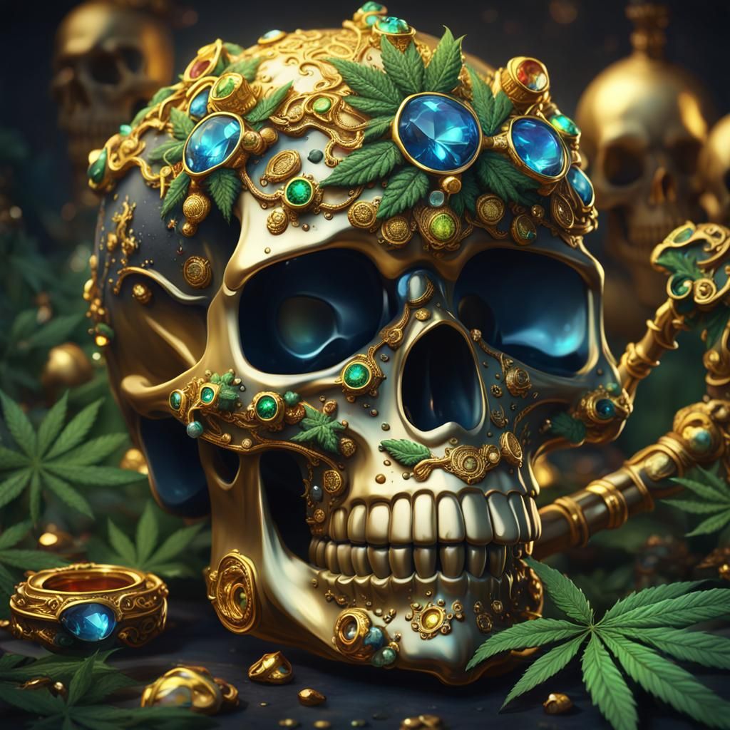 Marijuana skullpipe with gems golden trim cannabis graphic
