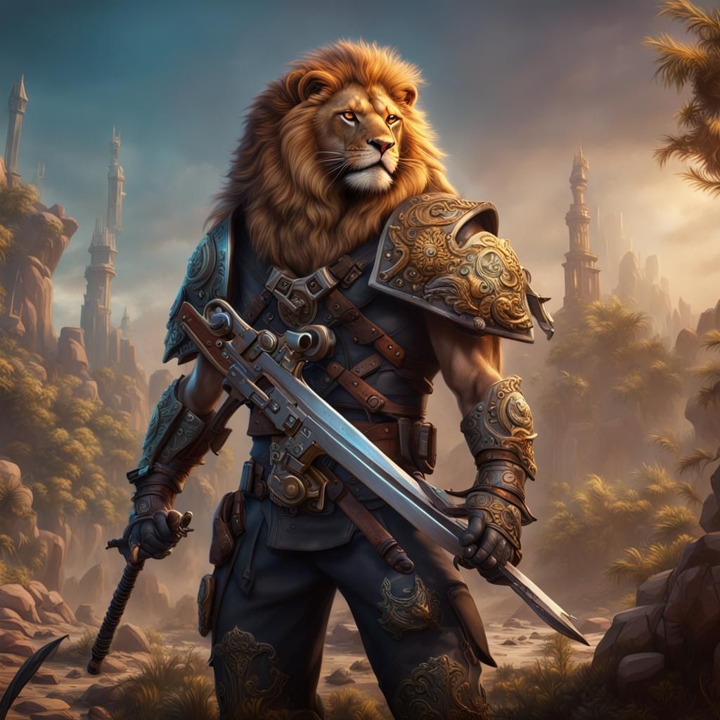 Lionbounty hunter with guns and swords 