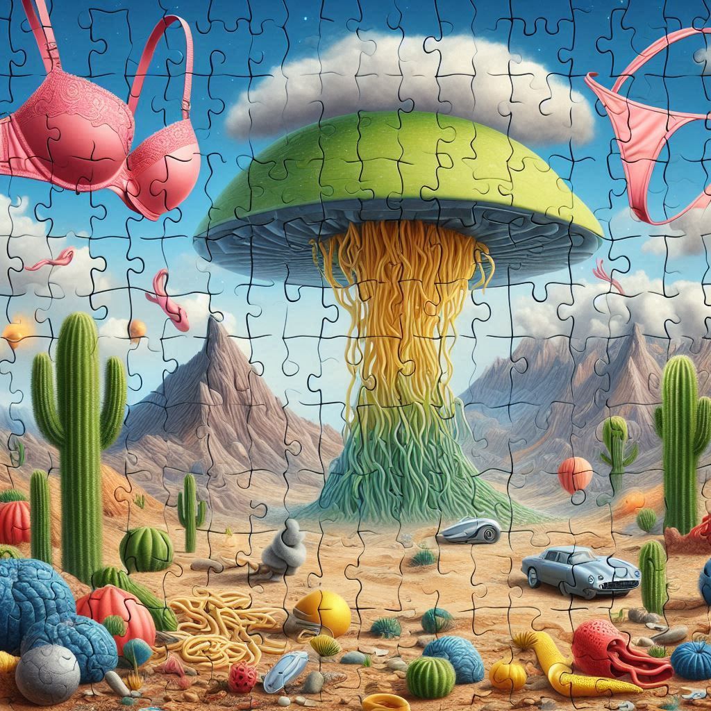 Jigsaw panorama with spaghetti mushroom