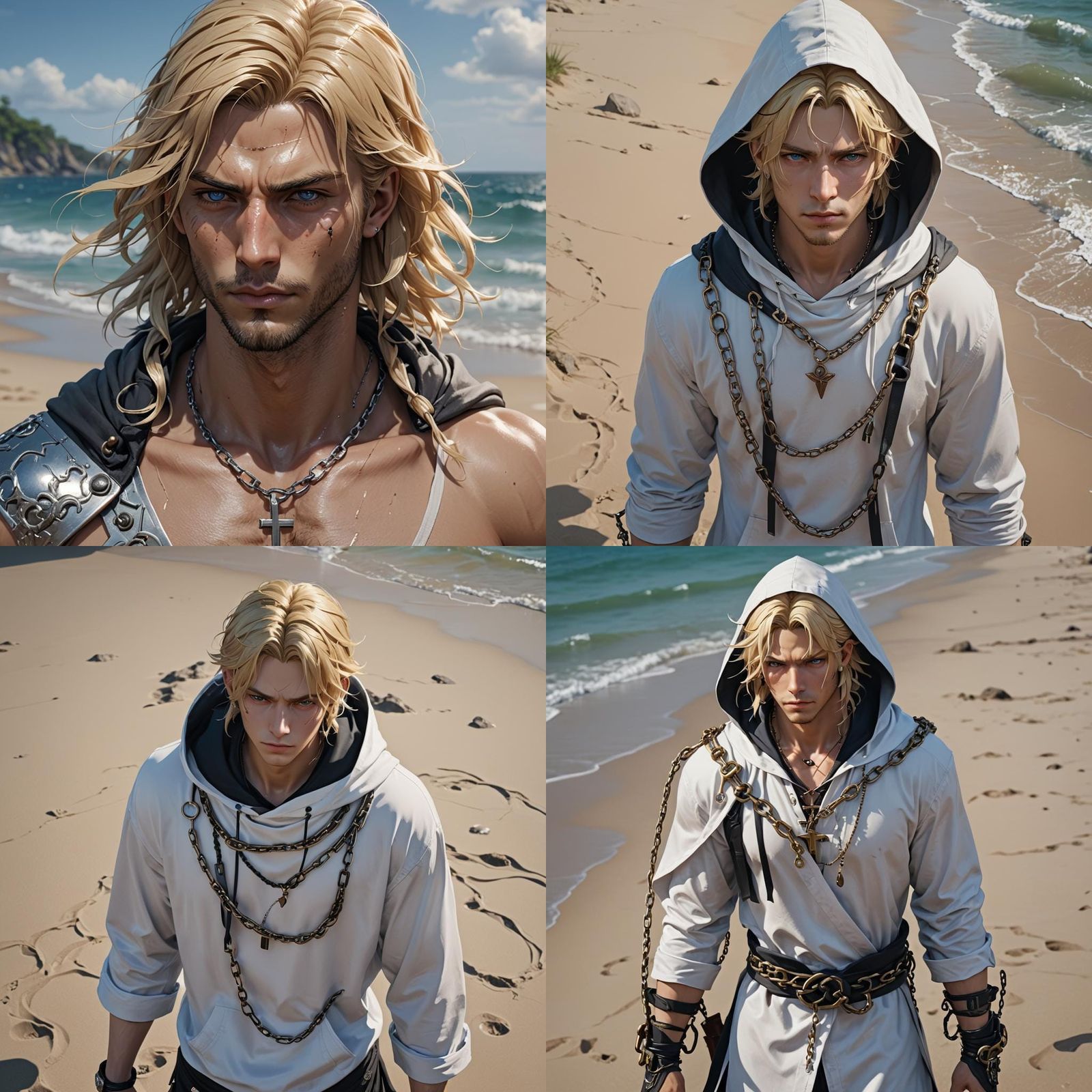 Enigmatic Man,beach,beautifull mighty,hood,blonde hair,enigm...