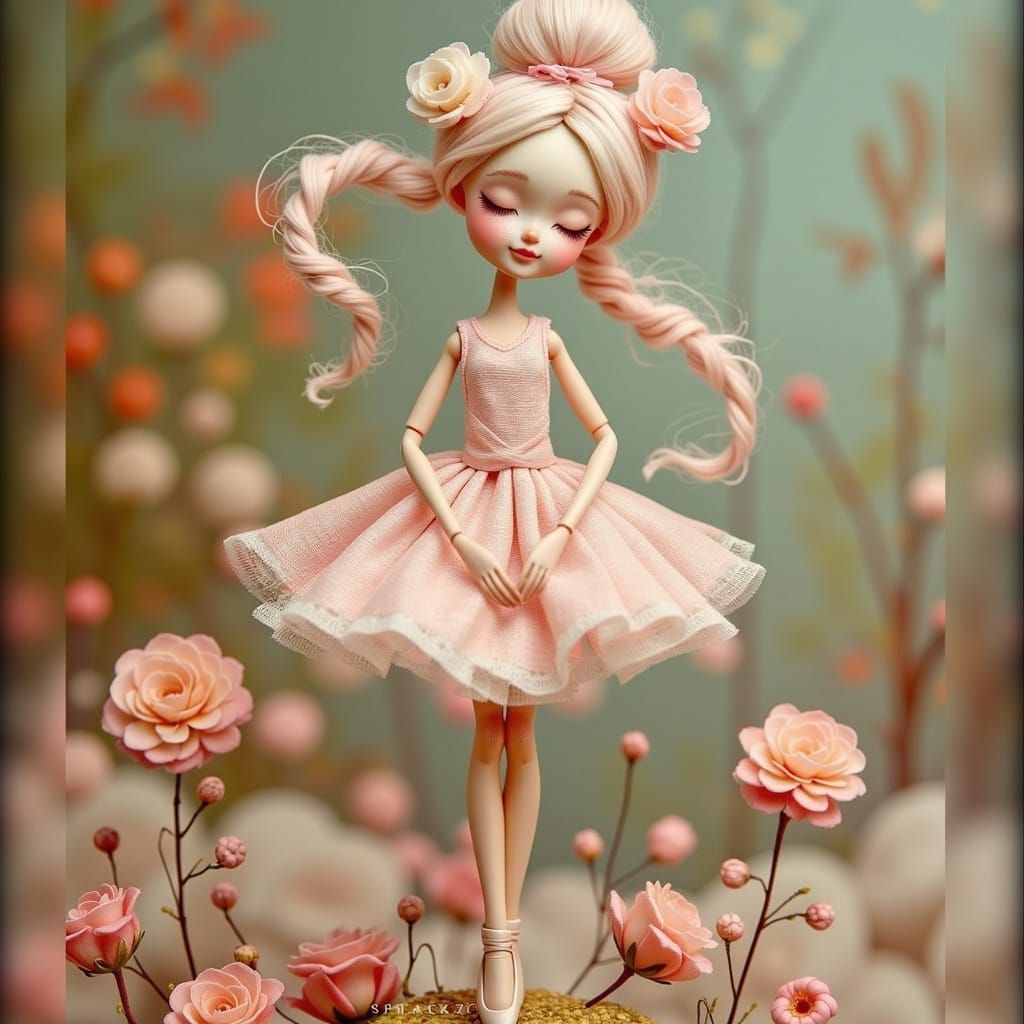<lora:DOLL-LIKE CHARACTERS:1.0> a tall and slender cute doll like character dancing ballet among flowers, bokeh