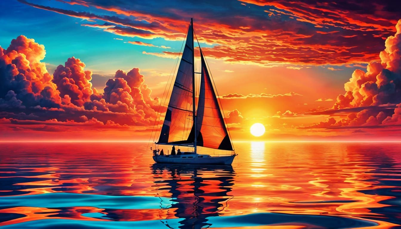 Golden Horizons: A Sailboat's Evening Voyage  by @Moonlight Designs
