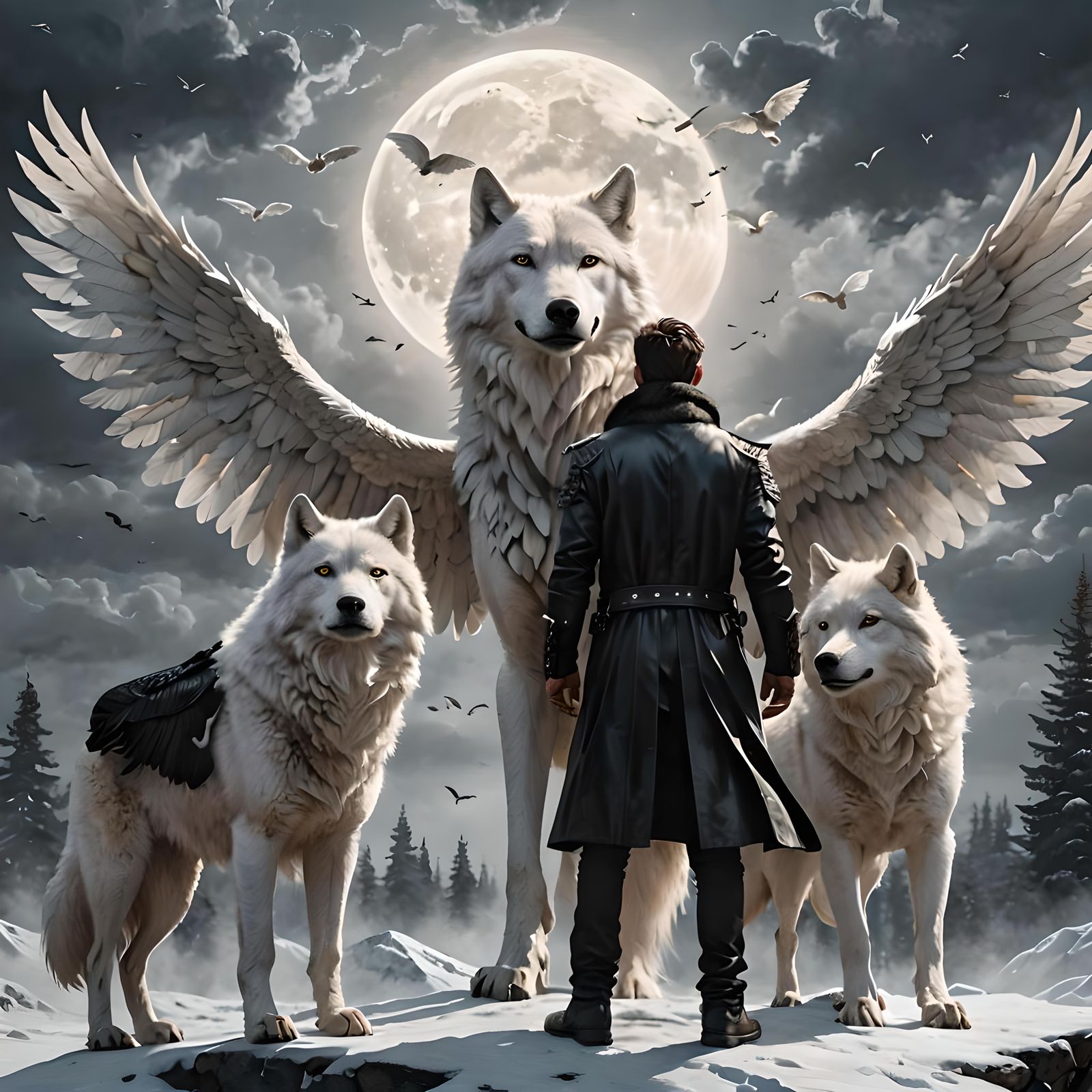 a man dressed in black leather standing with majestic wings ...