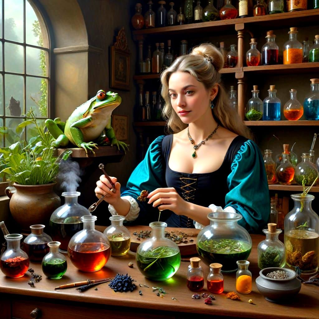 Surrealistic Alchemist's Paradise with Happy Lady