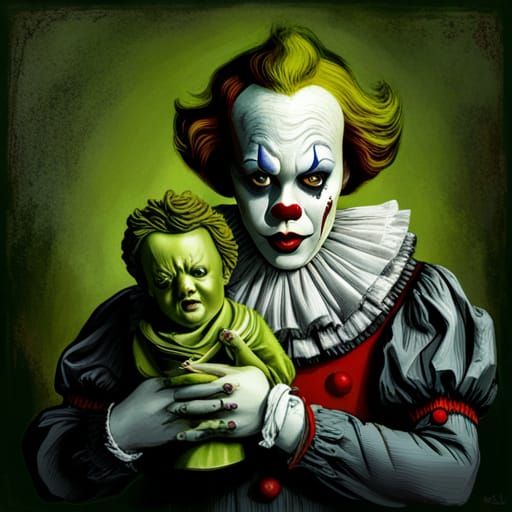 Tim curry as pennywise, holding a porcelain doll head