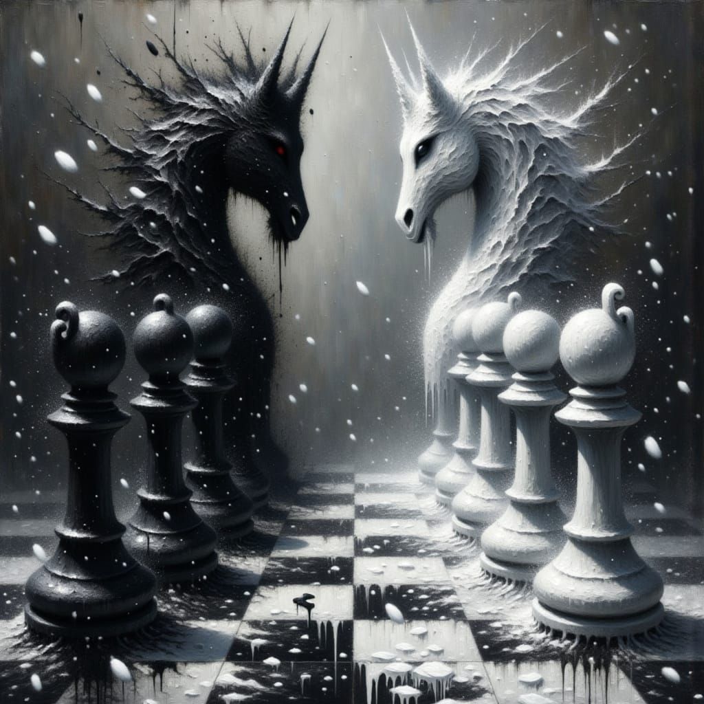 <lora:Elegant Paint Drip:1.0> A detailed fantasy concept art showcasing a white and black chess set on a chess board, subtly blending into a...