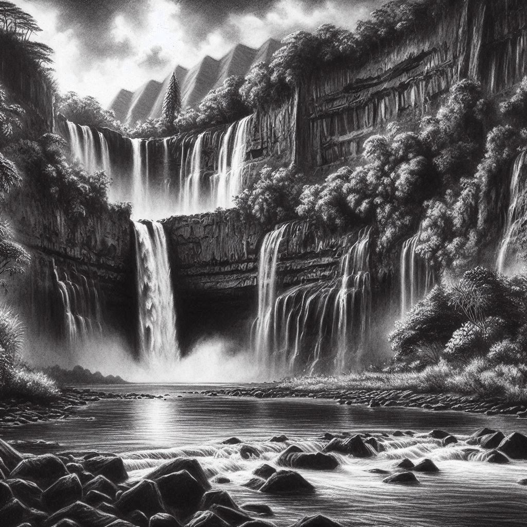Charcoal Drawing of Hawaiian Waterfall