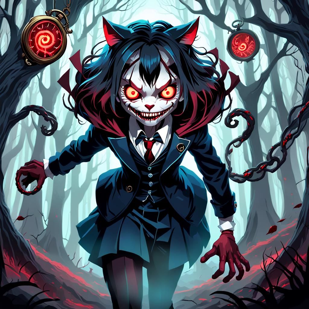 The mad hatter in a psychic state with moons and stars in a dark forest with creepy woodland animals