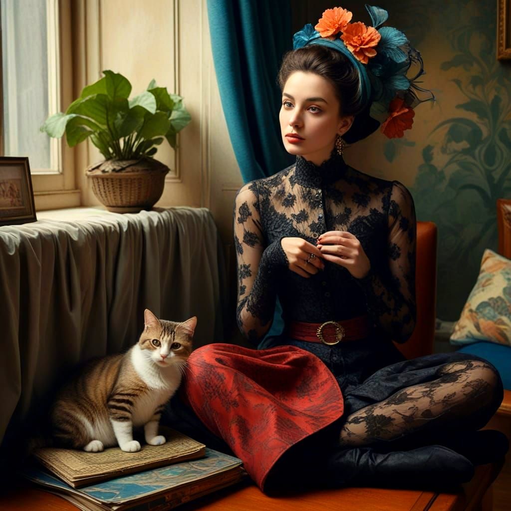 Surrealistic Lady with Exotic Ikebana in Vibrant Colors