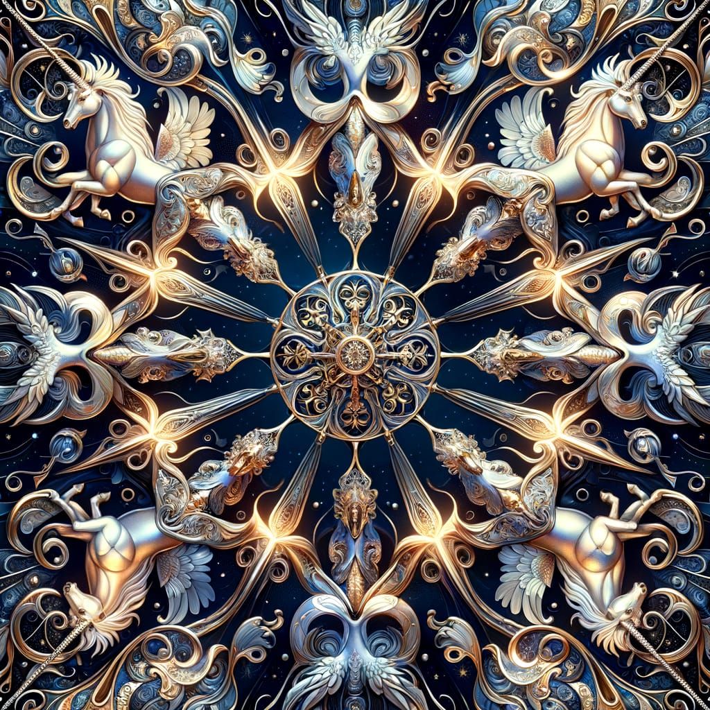 Kaleidoscope of shiny metallic unicorn and dragon silhouettes, in mirrored radial symmetry, flowing Art ...  by @Eve