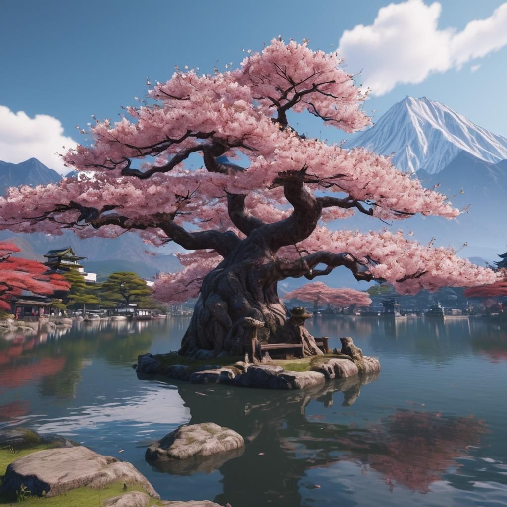 A beautiful ancient sakura tree in front of a lake. Mountains and Japanese temples in the background. detailed matte painting, deep color, f...