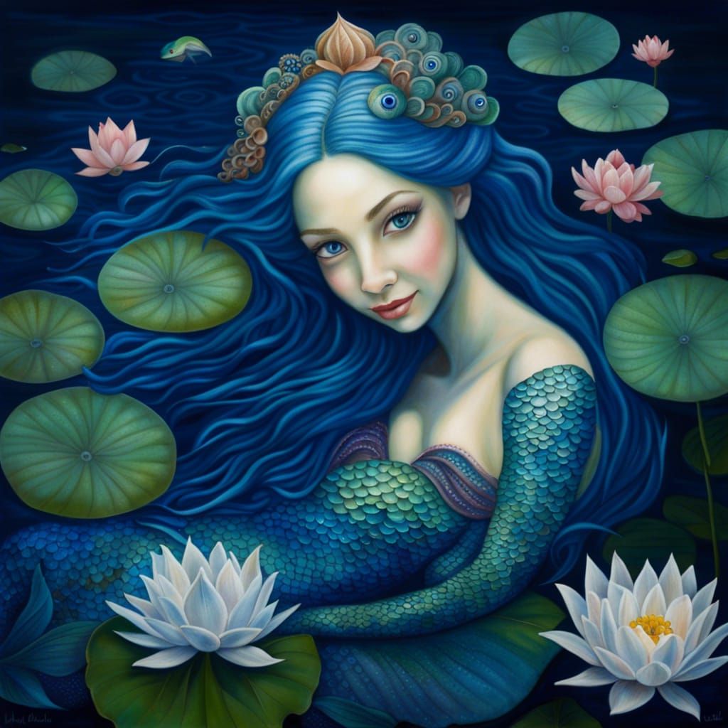 hyperreal Mermaid, deep blue eyes, smile, resting in pond, l...
