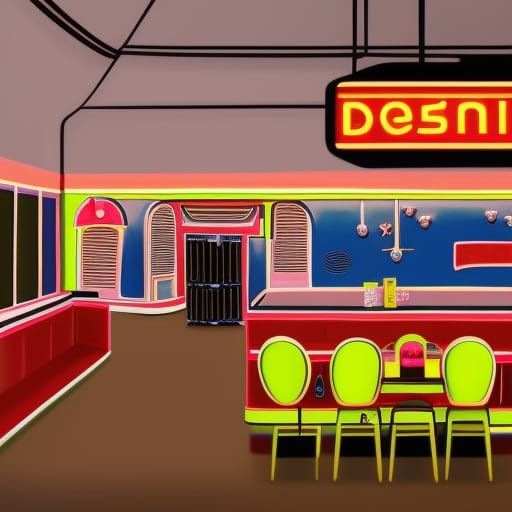 Interior, 1950’s diner with a neon sign in the window, detai...