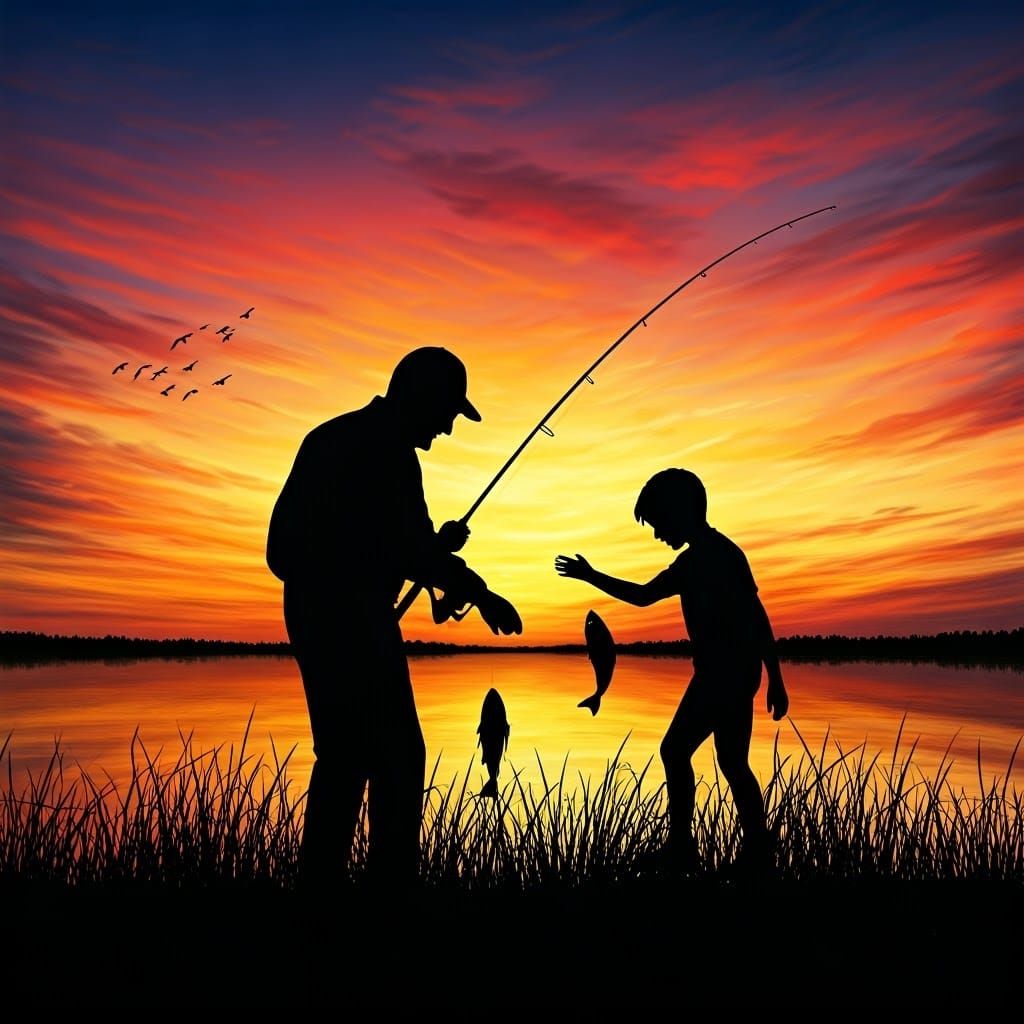 "Grandad Teaching Grandson How To Fish"