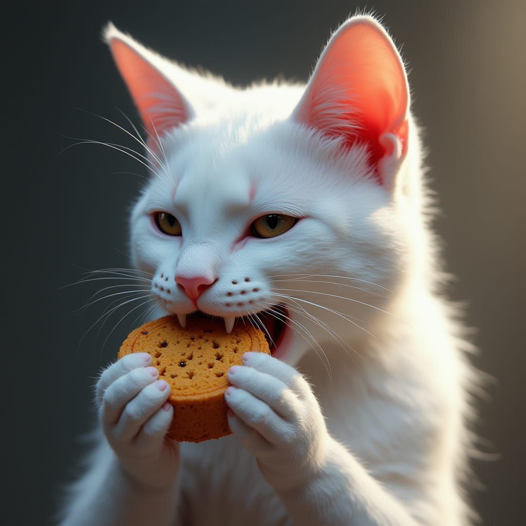 Detailed Portrait of White Cat Eating as Digital Art