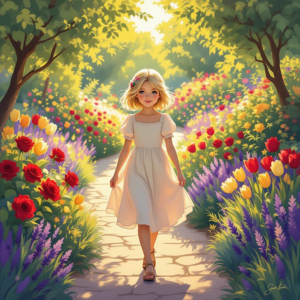 Enchanting Garden Scene With Girl in Pastel Dress