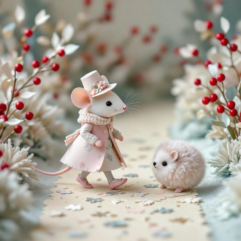 Une petite souris délicate, entièrement faite de papier, vêt...