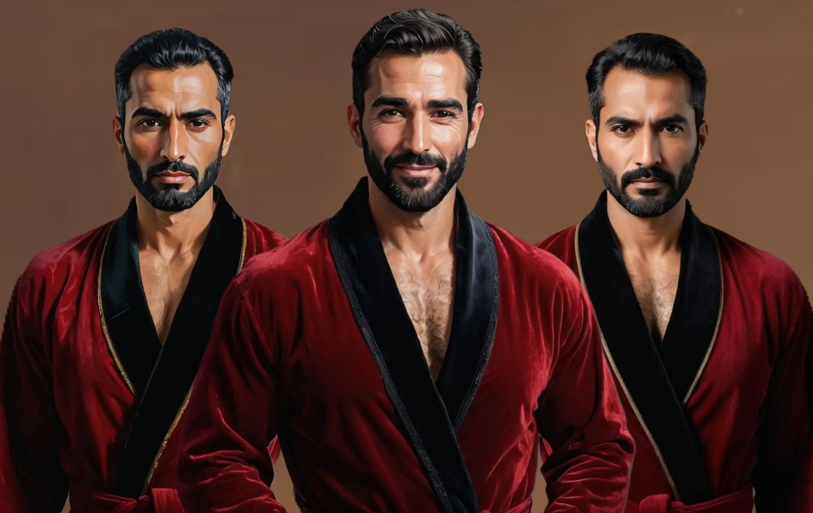 Three handsome men with black hair and beards wearing  red v...