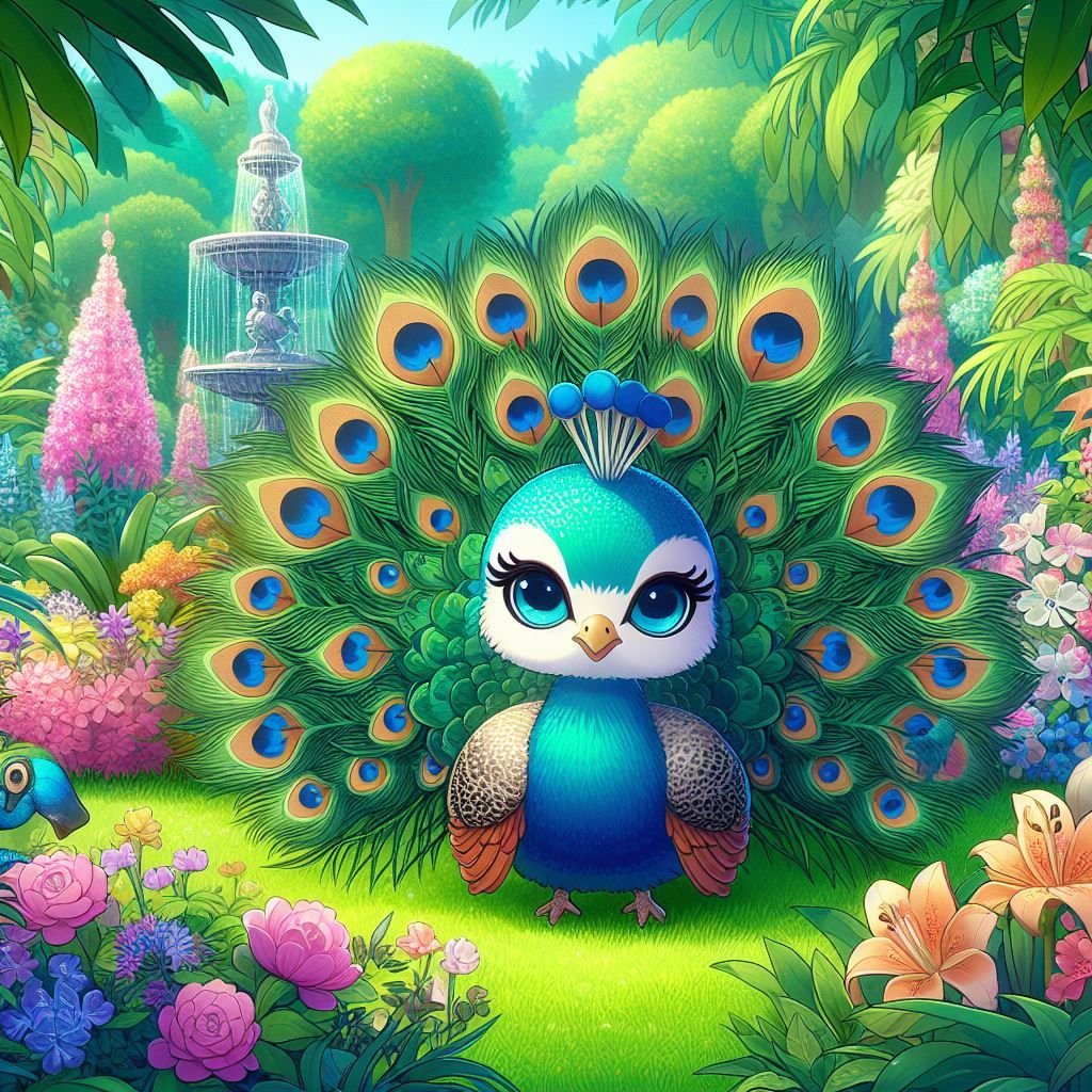 a chibi version of A majestic peacock displaying its colorful feathers in a lush, springtime botanical garden