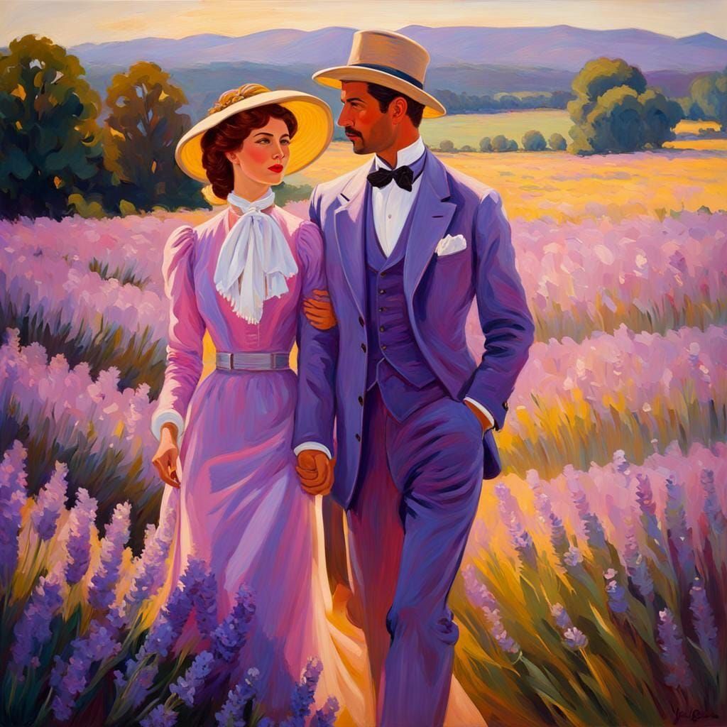 Young lovers on a stroll through the lavender fields
