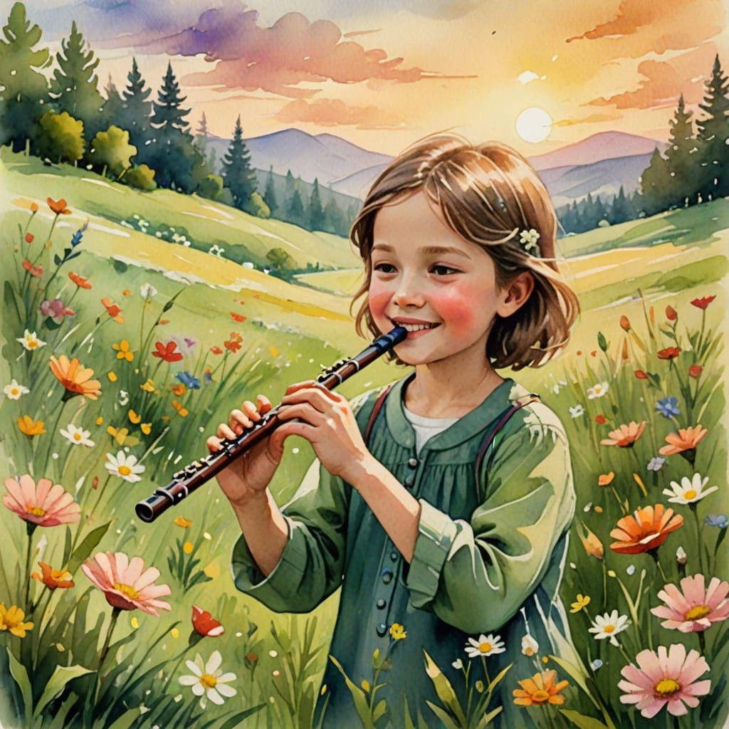 Dreamy Watercolor Illustration of a Child Playing the Flute ...