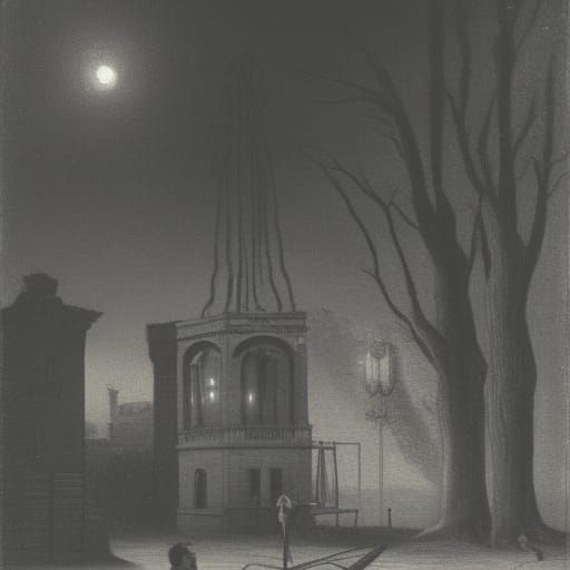 The public gallow by night with ghosts