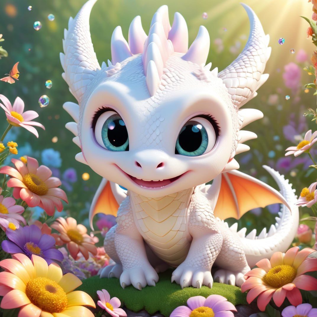 A cute, white baby dragon with bright blue eyes is surrounde...