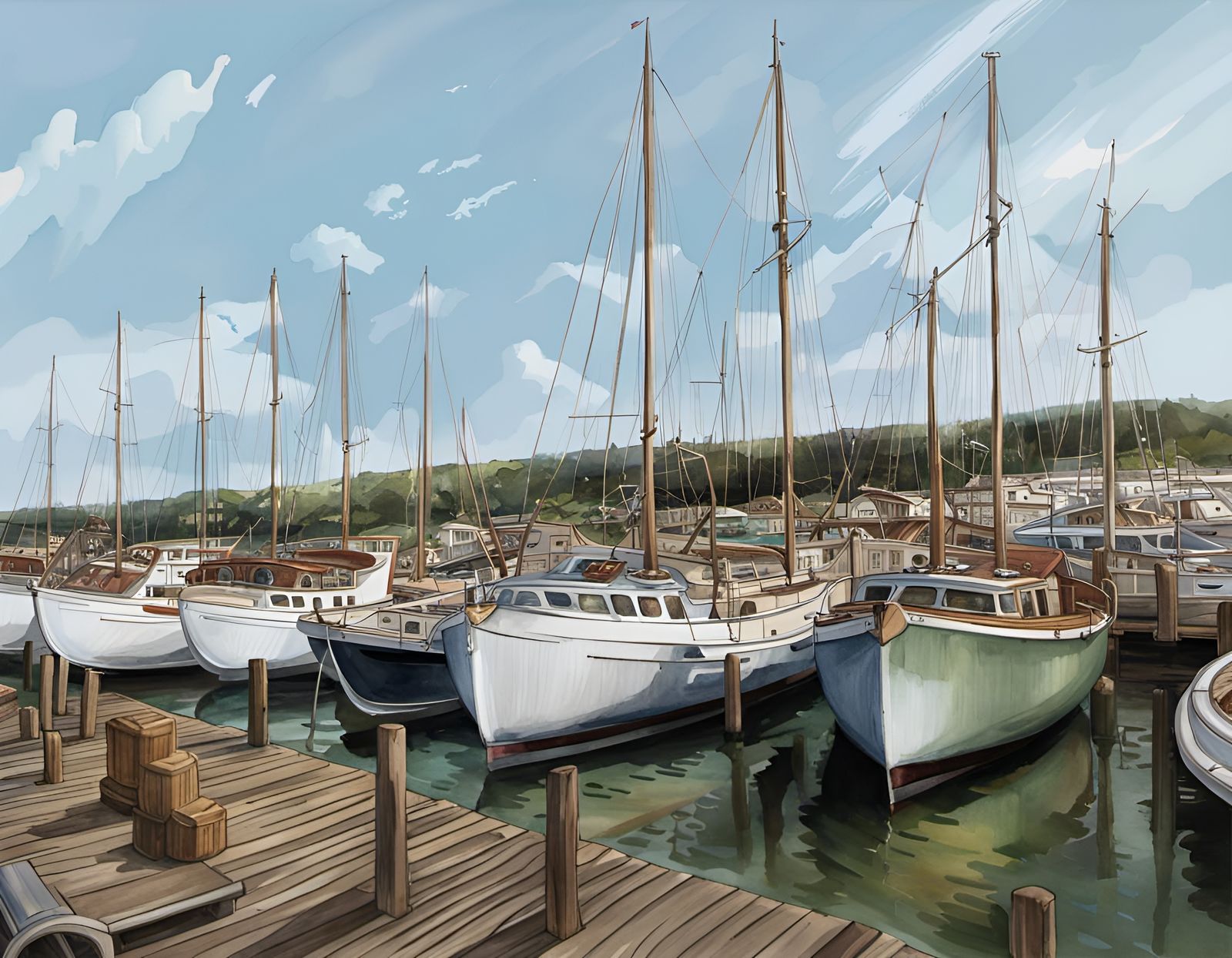 A marina with wooden yachts watercolor painting detailed ela...
