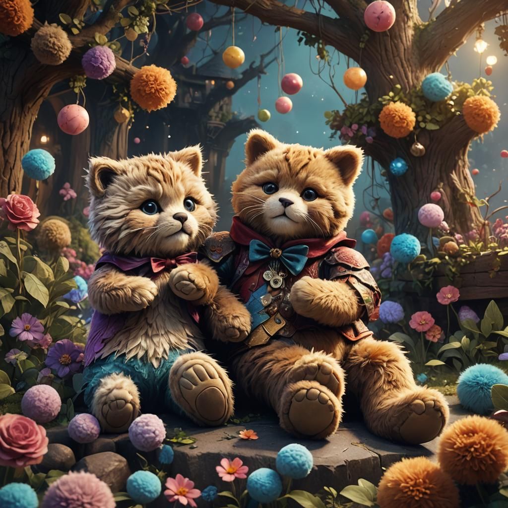 A teddy bear and a fluffy cat shares a hug together in a whimsical, funny and surreal environment... 