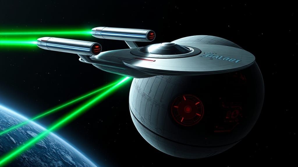the star trek Enterprise star ship in space shooting a green...