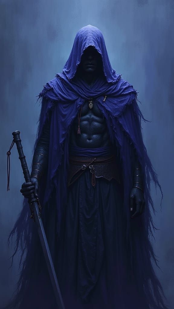 Warlord in Blues, matte background, deviantart, monochromatic art, blue, indigo, purple, grey, black