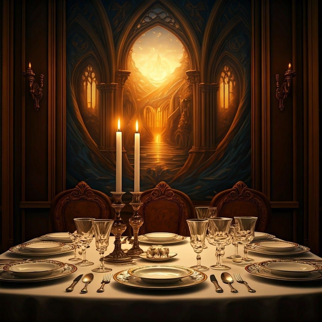 Elegant Shabbat Table Setting in Fantasy Art Style