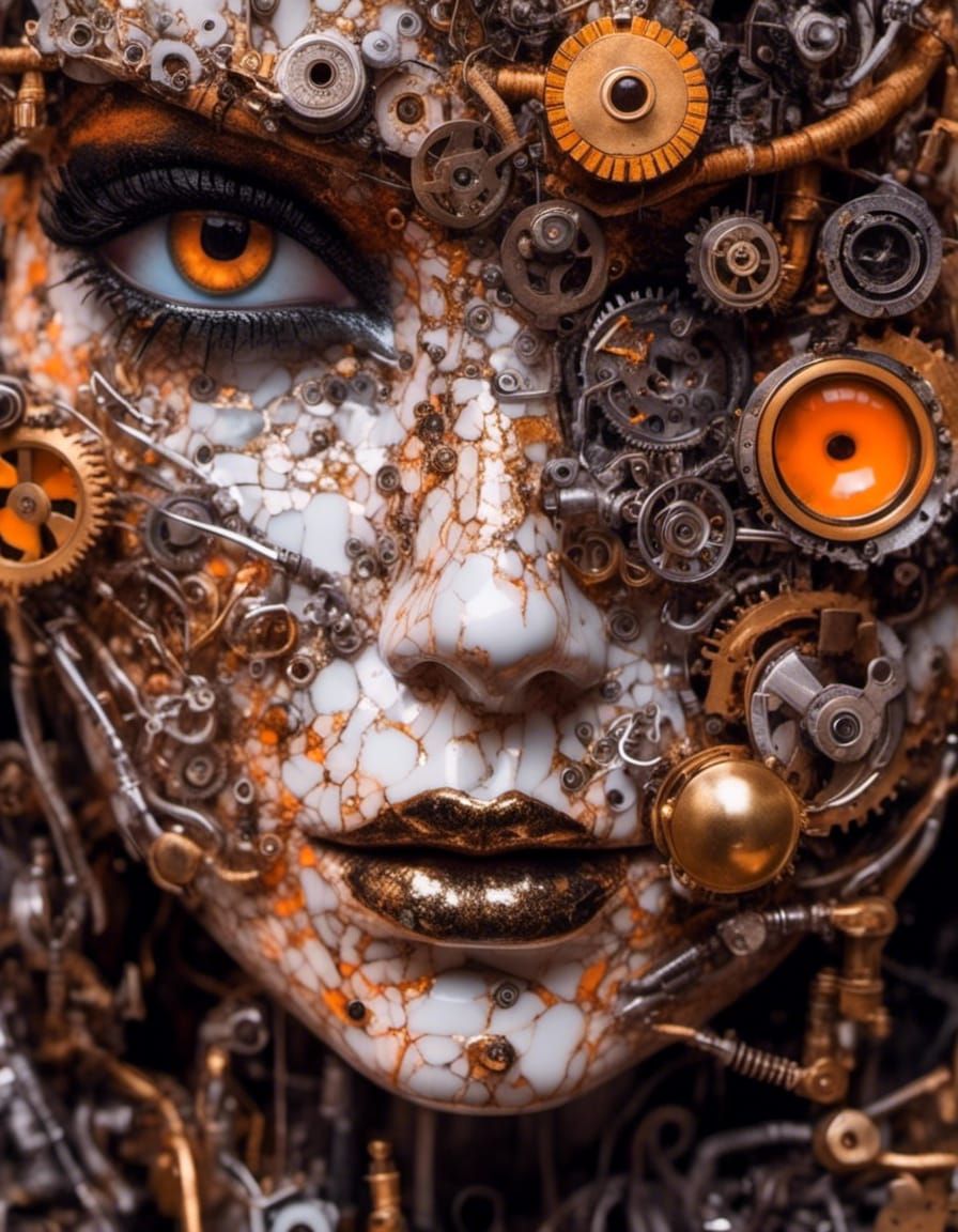 <lora:Mechanics:1.0> Extreme Close up portrait , eyes , mechanical Beautiful Broken porcelain doll in the  orange  , gold , dark shaded big...