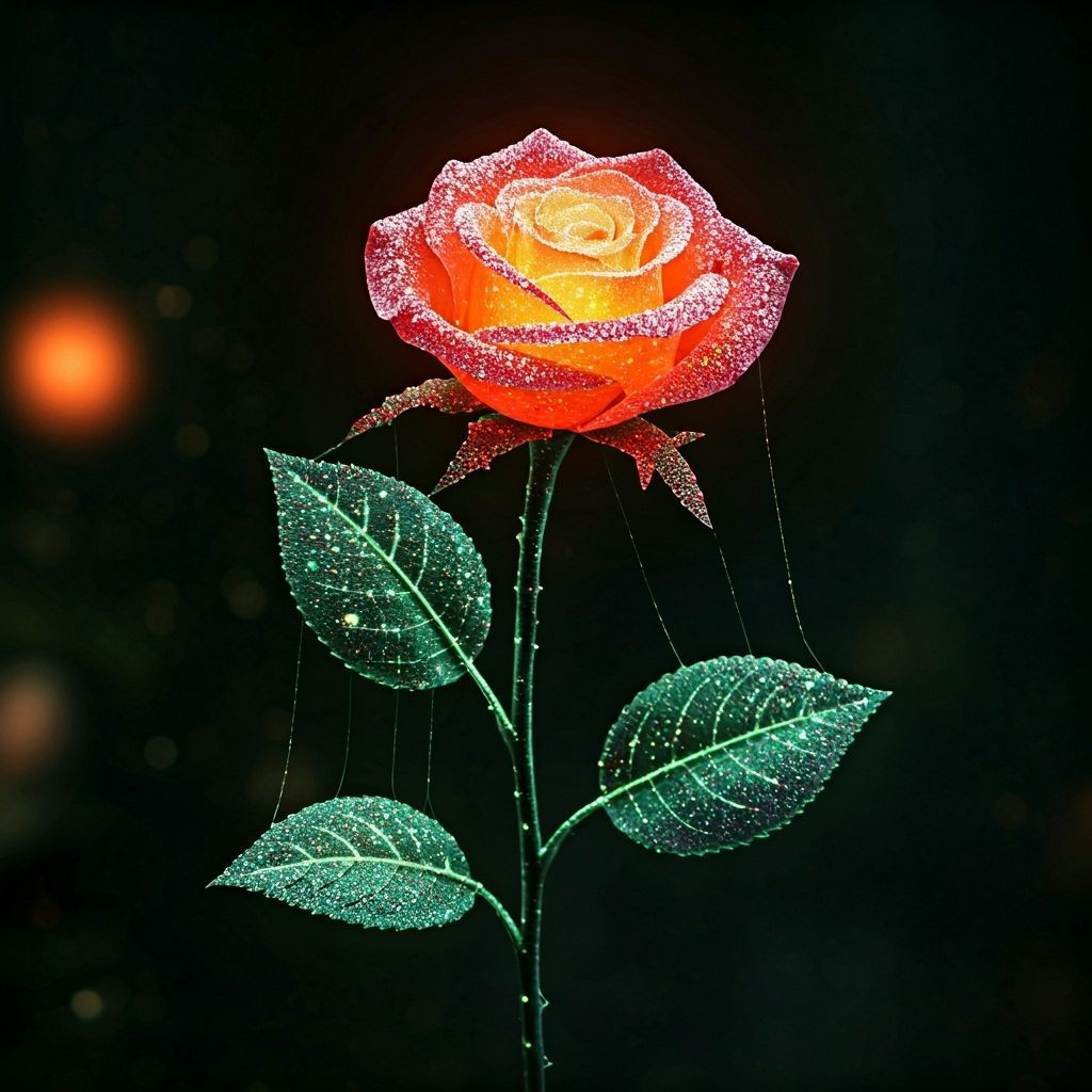 a rose woven entirely from glowing spider silk, sparkling with morning dew  by @Ethan Ikediashi